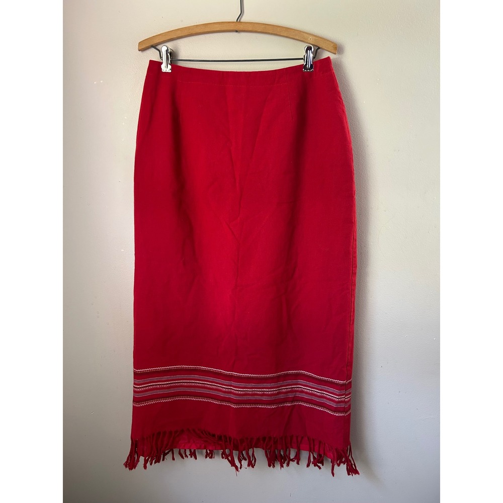 Boho 90s Dress Barn Red Fringe Midi Skirt Women's‎ Size 10 COwgirl Indiesleeze